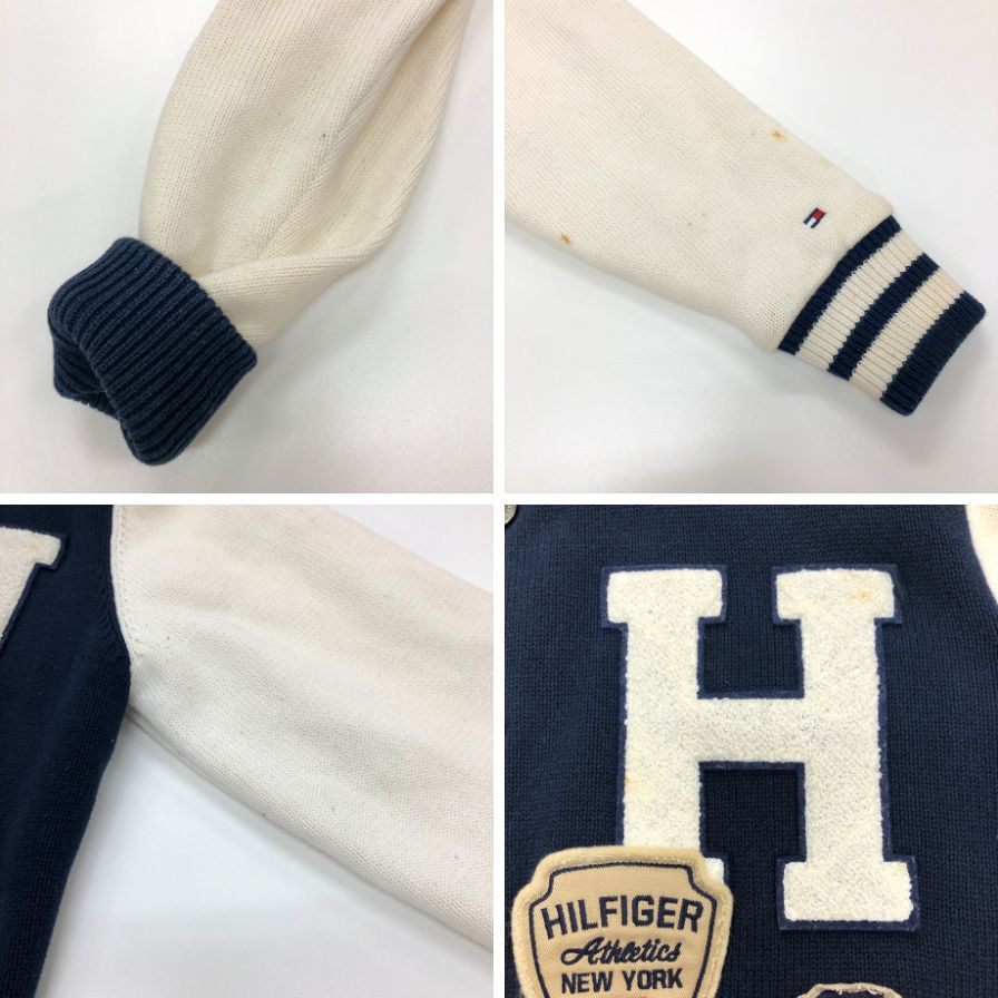 中古■トミーヒルフィガー スタジャン リブ ニットジャケット ブルゾン アップリケ ワッペン ネイビー メンズ サイズL TOMMY HILFIGER 【AFB18】