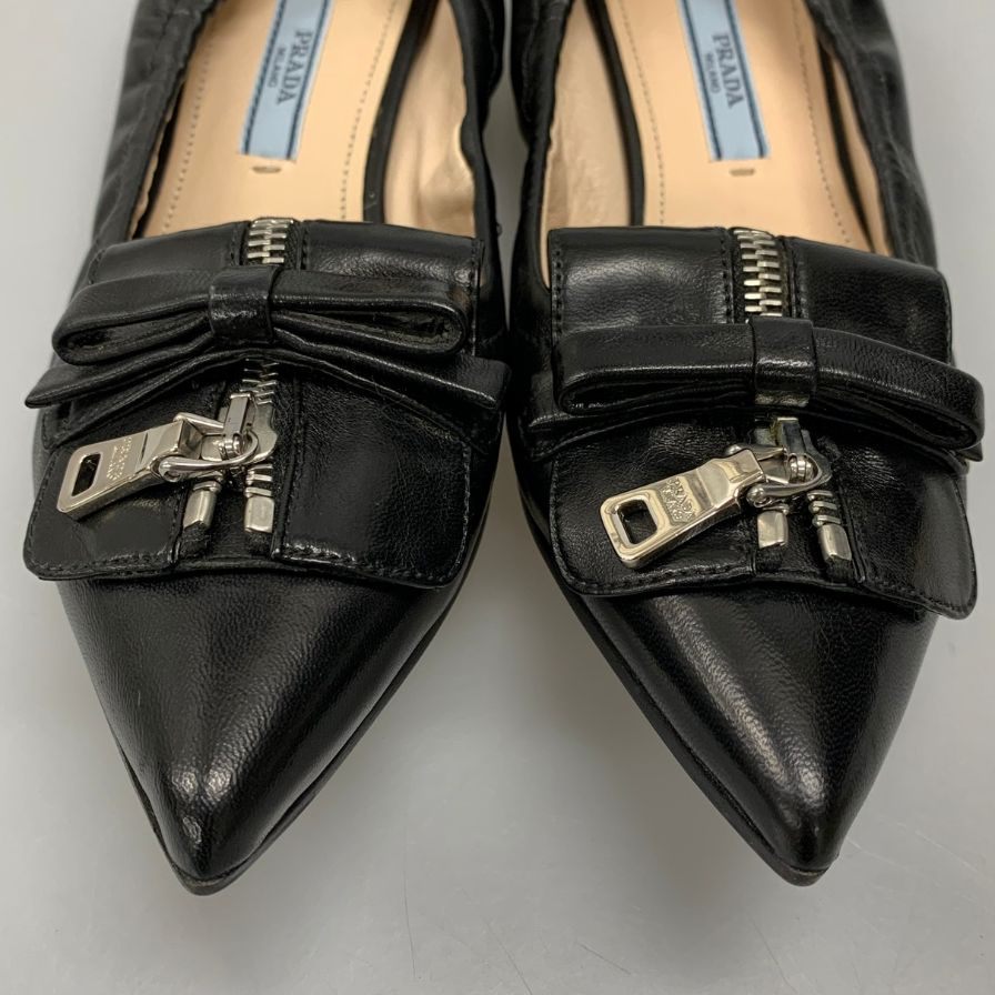 PRADA ブラック リボン付きバレエシューズ ☆Prada☆ロゴ入り レザーリボン付 バレエシューズ (PRADA