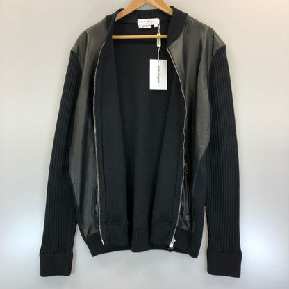 極美品◆サルヴァトーレ フェラガモ レザー×ニット 切替 ブルゾン パンチングレザー サイズXL ブラック Salvatore Ferragamo 【AFB34】