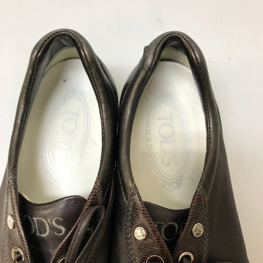 トッズ ドライビングシューズ レザースニーカー リザード型押し×カーフ コンビ ブラウン レディース サイズ36.5 TOD’S 約23.5cm【AFC31】