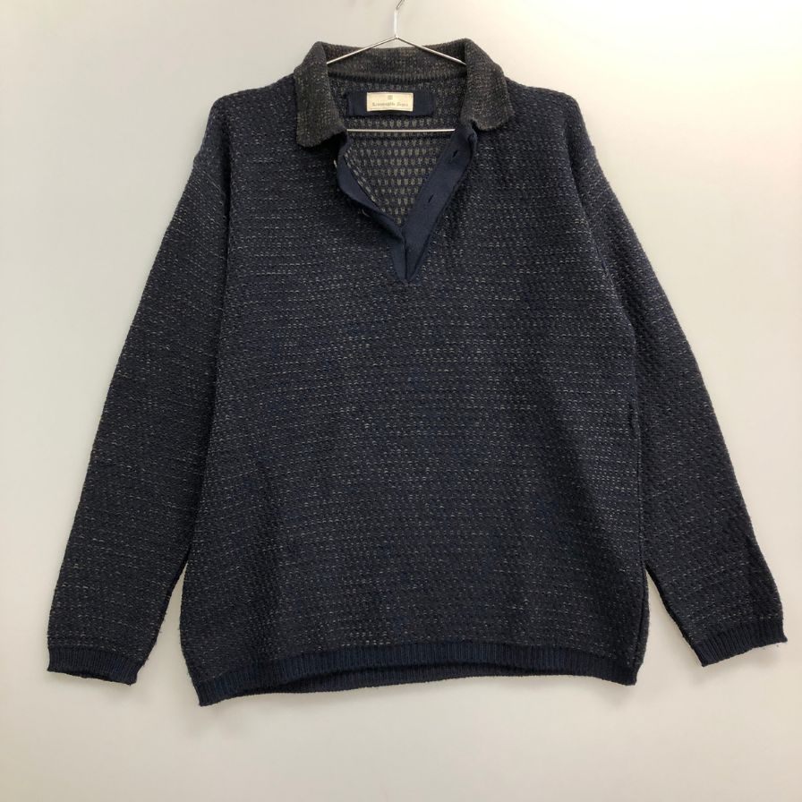 美品◆エルメネジルドゼニア ニットセーター ウール ハイネック スエードパイピング ネイビー系 サイズ50 メンズ Ermenegildo Zegna 【AFB27】