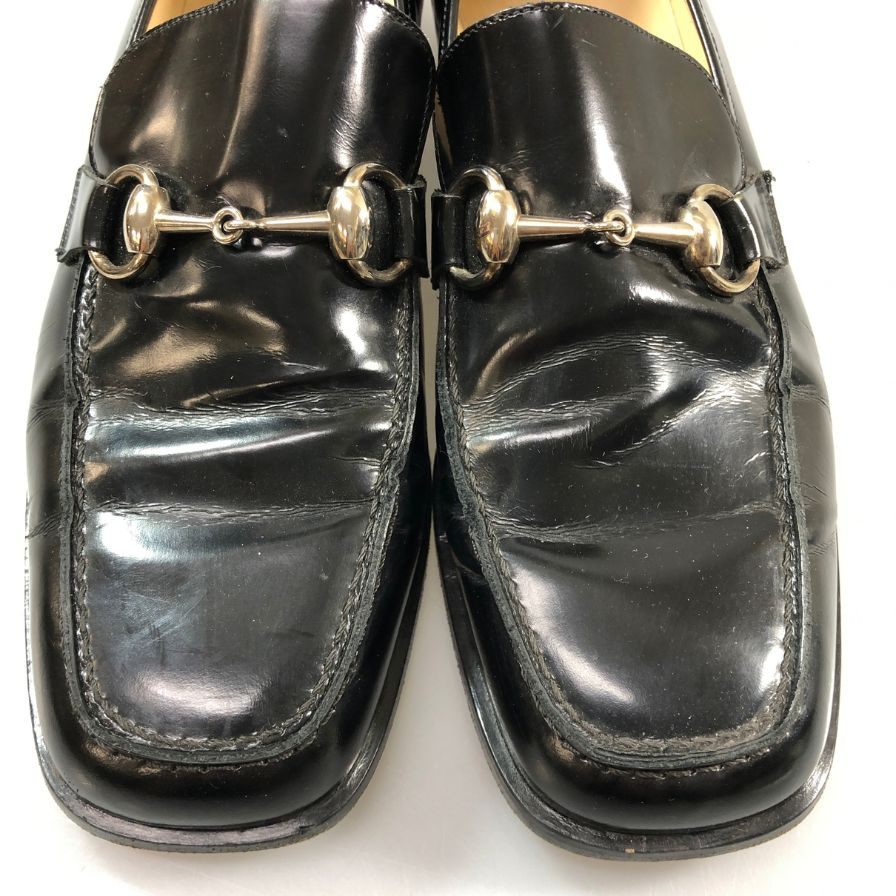 グッチ ビットローファー 0429 ガラスレザー スクエアトゥ ブラック レディース サイズ37C GUCCI 約24.0cm【AFC40】