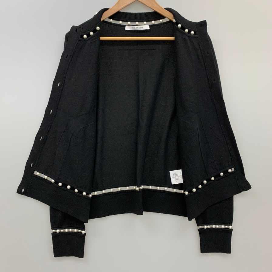 極美品◆ジバンシィ カーディガン フェイクパールあしらい シルク＆カシミア混 17AW レディース サイズL ブラック GIVENCHY 【AFB20】