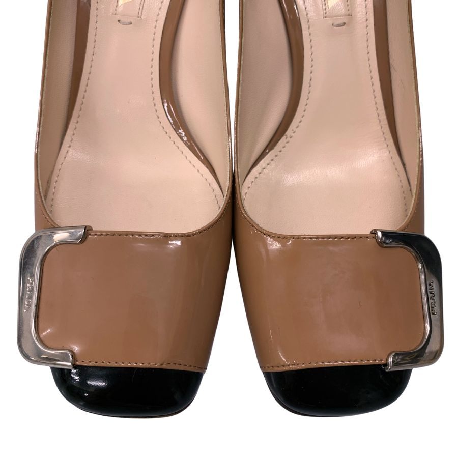 プラダ パンプス エナメル レザー チャンキ―ヒール バイカラー ベージュ系 レディース サイズ36.5 PRADA 約22.5cm【AFC34】