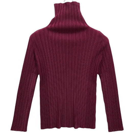極美品◆イッセイミヤケ プリーツプリーズ ハイネック トップス レディース PP73-FK353 ボルドー サイズ03 ISSEY MIYAKE PLEATS PLEASE 【AFB37】