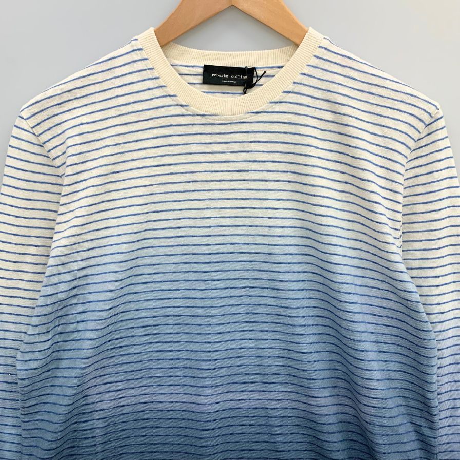 美品◆ロベルトコリーナ 長袖Tシャツ ボーダー グラデーション コットン 丸首 ブルー メンズ サイズ48 roberto collina 【AFB5】