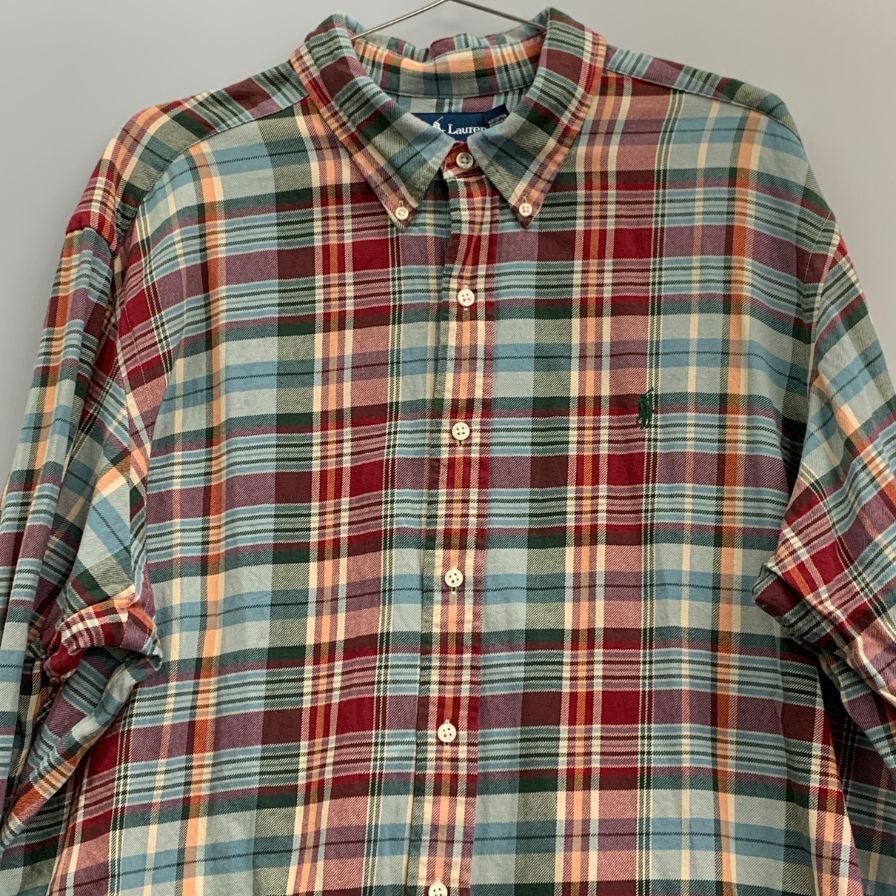 中古■ラルフローレン ボタンダウンシャツ 90S タータンチェック オリーブ系 メンズ サイズXXL Ralph Lauren 【AFB28】
