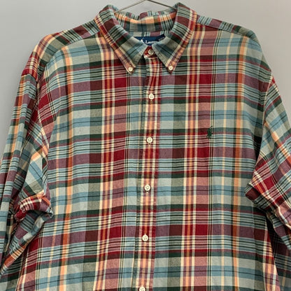 中古■ラルフローレン ボタンダウンシャツ 90S タータンチェック オリーブ系 メンズ サイズXXL Ralph Lauren 【AFB28】