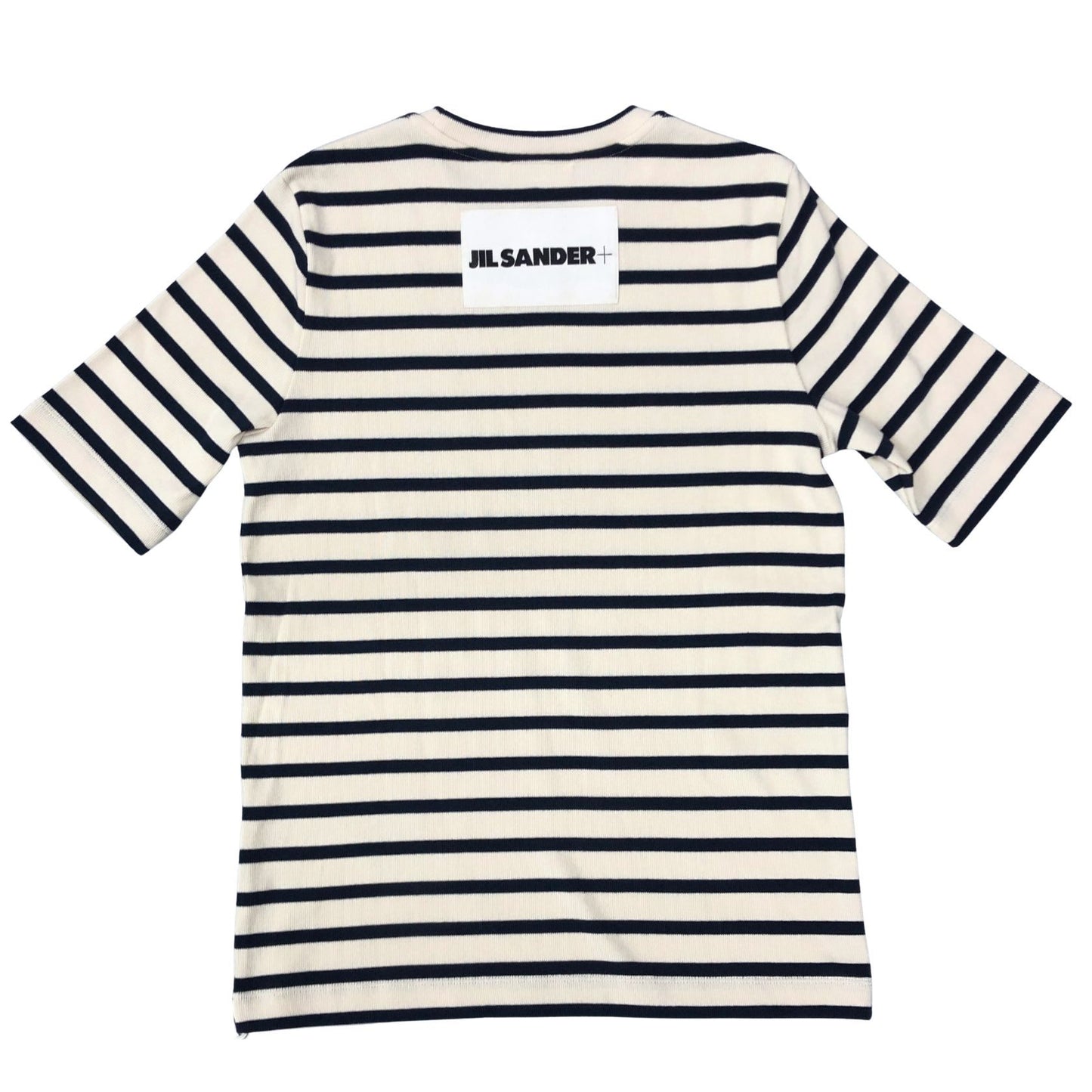 新品同様◆ジルサンダー+24SS  Tシャツ リブ コットン ジャージー ボーダー バックパッチ レディース サイズL ホワイト系 JIL SANDER+ 【AFB8】