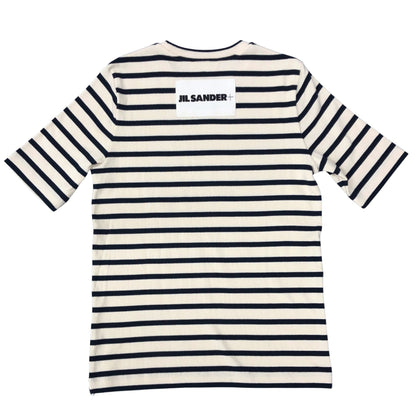 新品同様◆ジルサンダー+24SS  Tシャツ リブ コットン ジャージー ボーダー バックパッチ レディース サイズL ホワイト系 JIL SANDER+ 【AFB8】