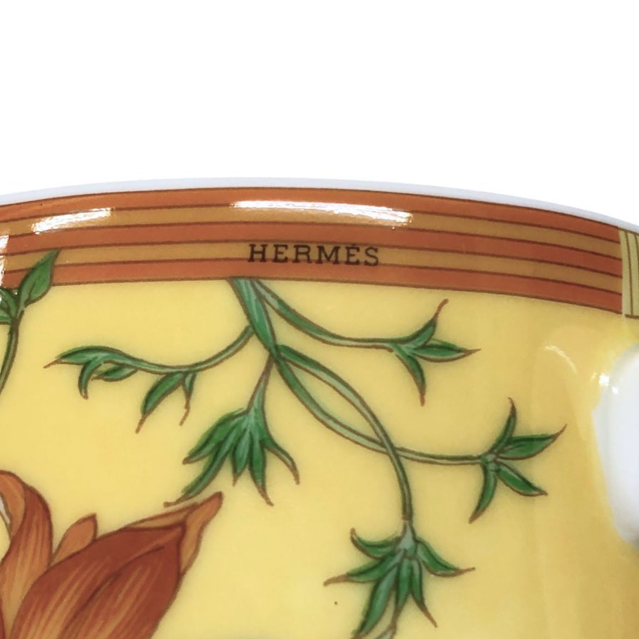 エルメス シエスタ デミタス カップ&ソーサー 花柄 イエロー系 総柄 2客セット HERMES【AFI28】【中古】
