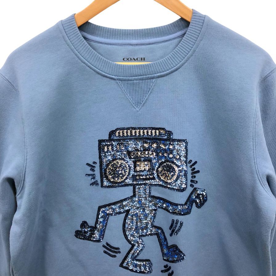 中古◆コーチ キース へリング コラボ トレーナー スウェット ダンシングロボット スパンコール レディース サイズL ブルー COACH Keith Haring 【AFB44】
