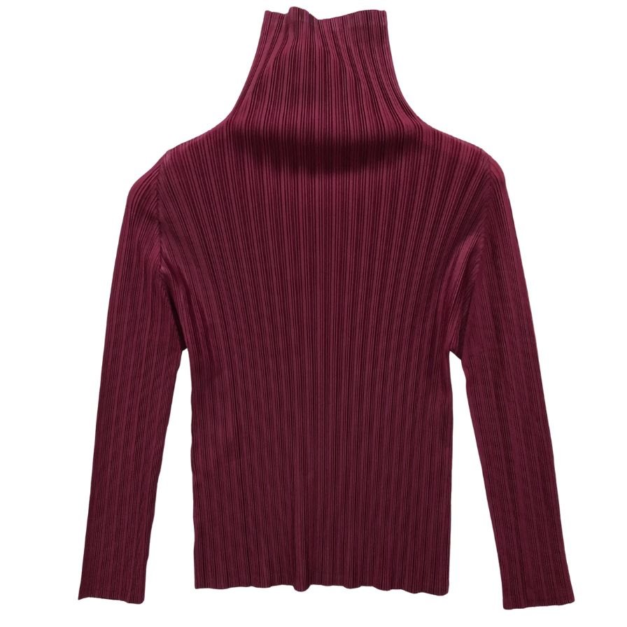 極美品◆イッセイミヤケ プリーツプリーズ ハイネック トップス レディース PP73-FK353 ボルドー サイズ03 ISSEY MIYAKE PLEATS PLEASE 【AFB37】