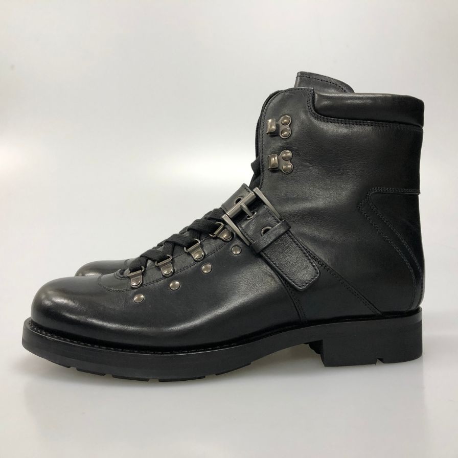 プラダ コンバットブーツ レースアップ ベルト レザー 2T 1882 ブラック メンズ サイズ8.5 PRADA 約27.0cm【AFD9-2】