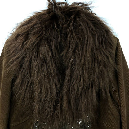美品◆ルイ フェロー ジャケット コーデュロイ ニット切替 ラインストーン チベットラムファー ブラウン サイズ38 Louis Feraud 【AFG1】