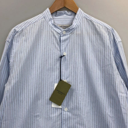 新品同様◆ジョンスメドレー シャツ ノーカラー バンドカラー 長袖 ストライプ メンズ ブルー系 サイズL JOHN SMEDLEY 【AFB2】