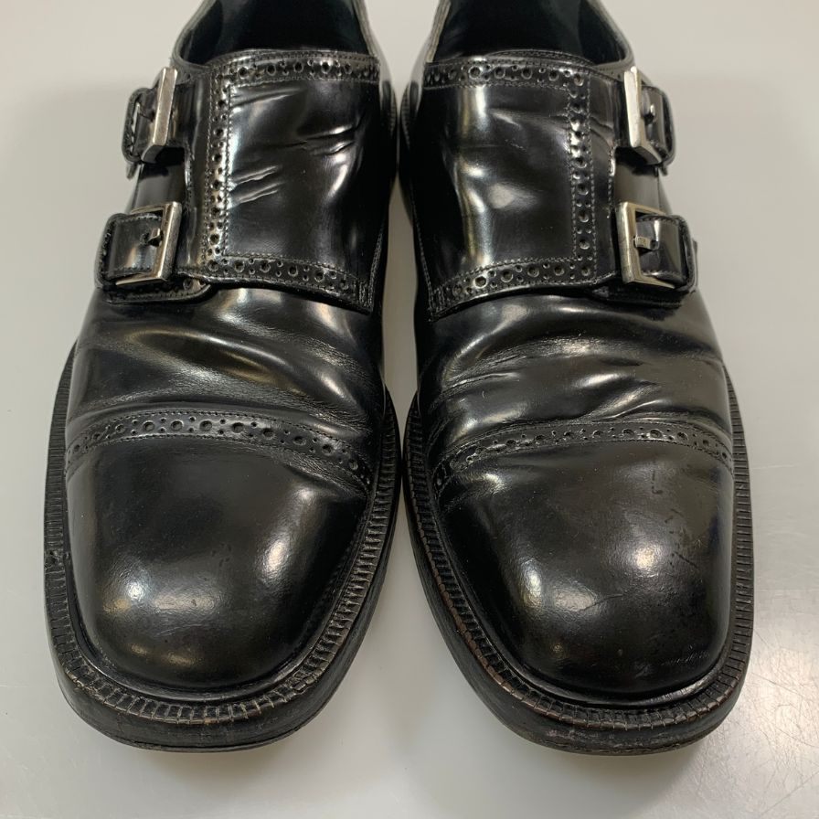 グッチ レザーシューズ 5245 ダブルモンク パンチドキャップトゥ ガラスレザー ブラック サイズ41.5E メンズ GUCCI 約26.5cm【AFC44-2】