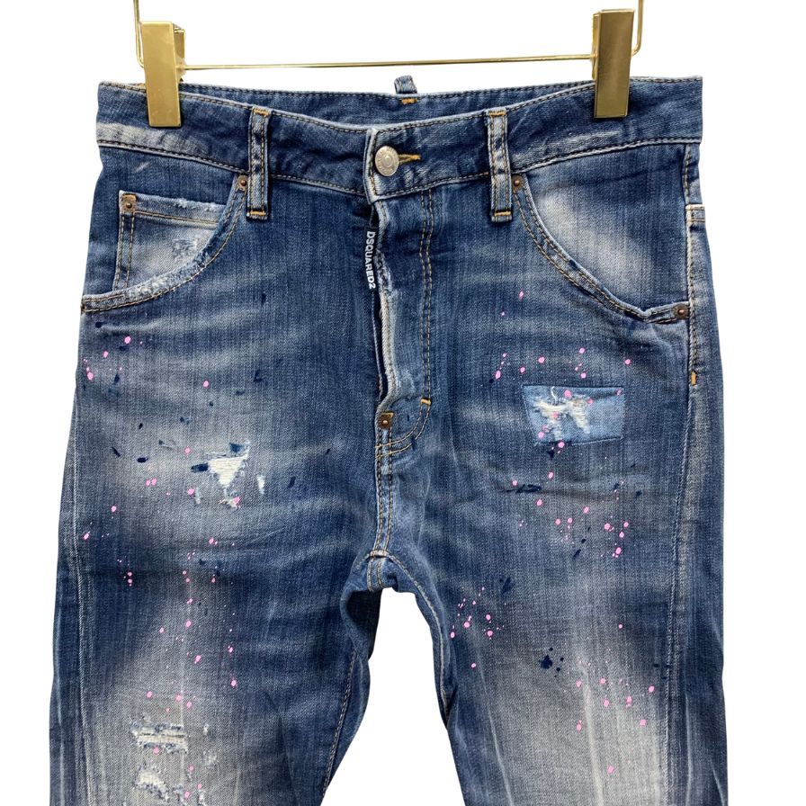 ディースクエアード デニムパンツ kenny jean S75LA0615 ロゴ金具 ペイント加工 クラッシュ加工 コットン ポリウレタン ブルー系 レディース サイズ40 DSQUARED2 【AFB41】