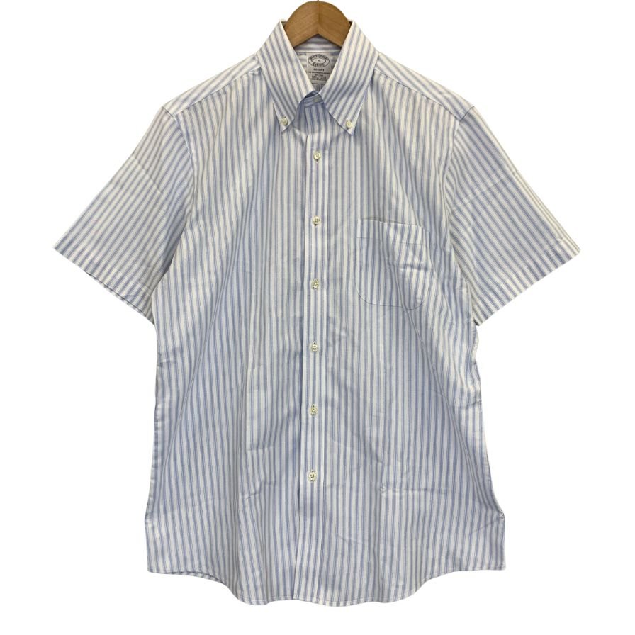 美品◆ブルックスブラザーズ 半袖シャツ ストライプ コットン ボタンダウン ブルー メンズ サイズ15 Brooks Brothers 【AFB30】