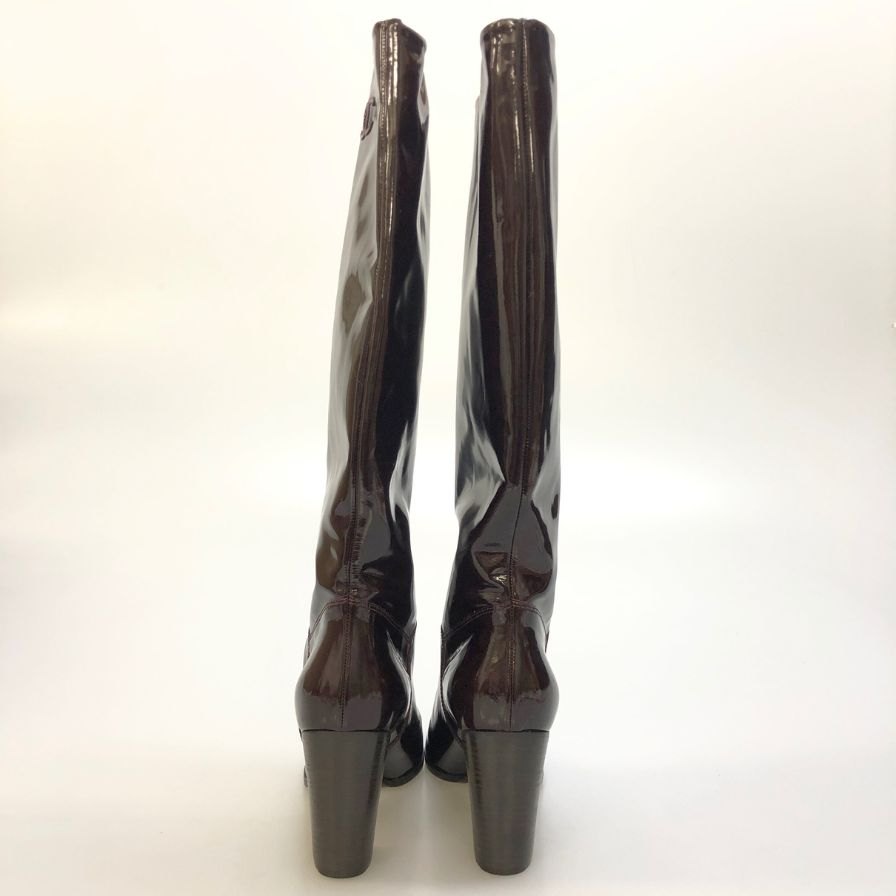 シャネル パテントレザー ロングブーツ ココマーク ブラウン レディース サイズ39C CHANEL 約25.5cm【AFC47】