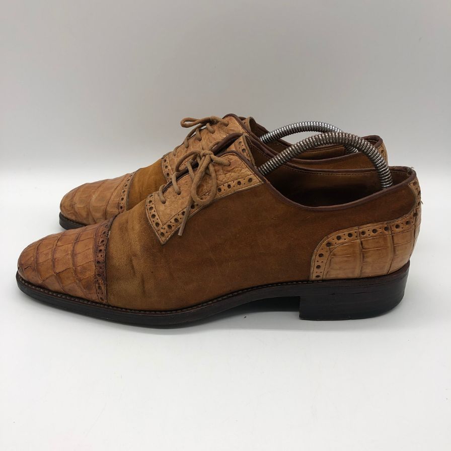 メルミン レザーシューズ パンチドキャップトゥ クロコ×スエード コンビ メンズ ブラウン サイズUK6.5 MEERMIN 約25.5cm【PTM4】