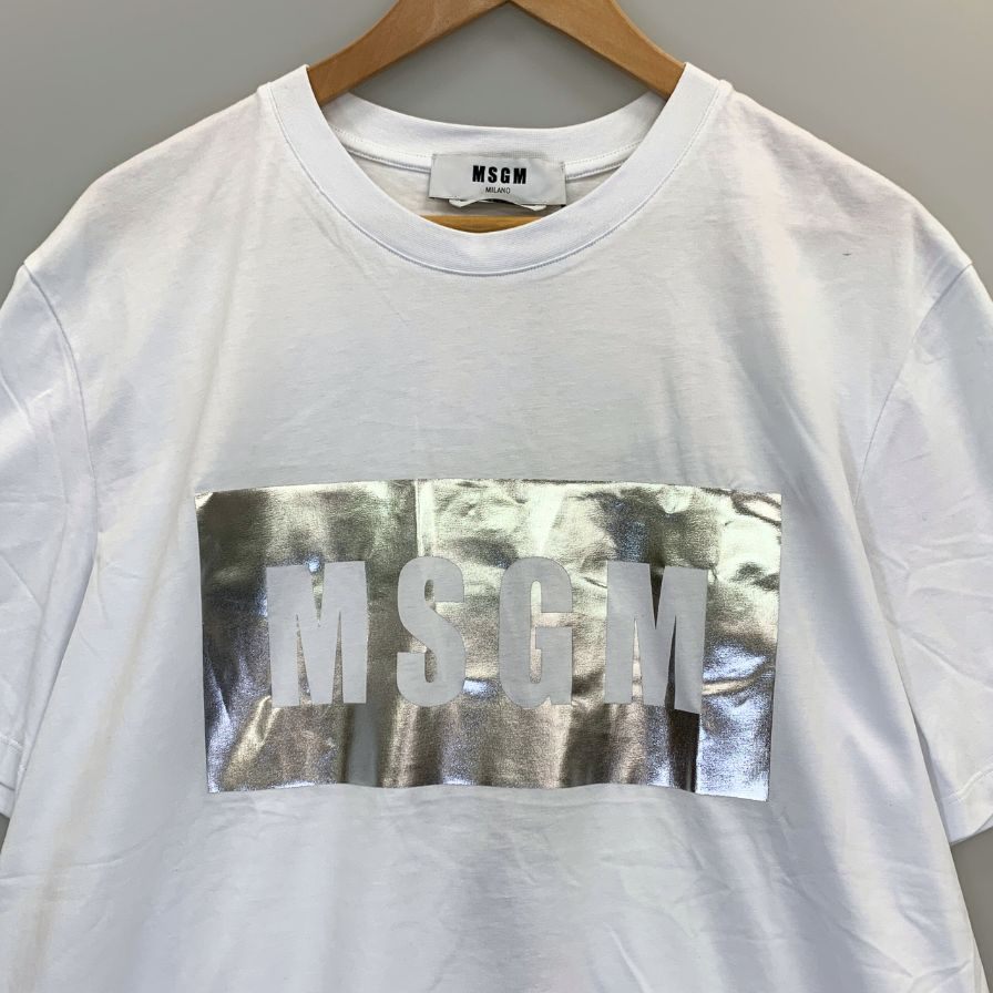 新品同様◆エムエスジーエム Tシャツ 半袖 メタリック プリント ホワイト シルバー メンズ サイズL MSGM 【AFB6】