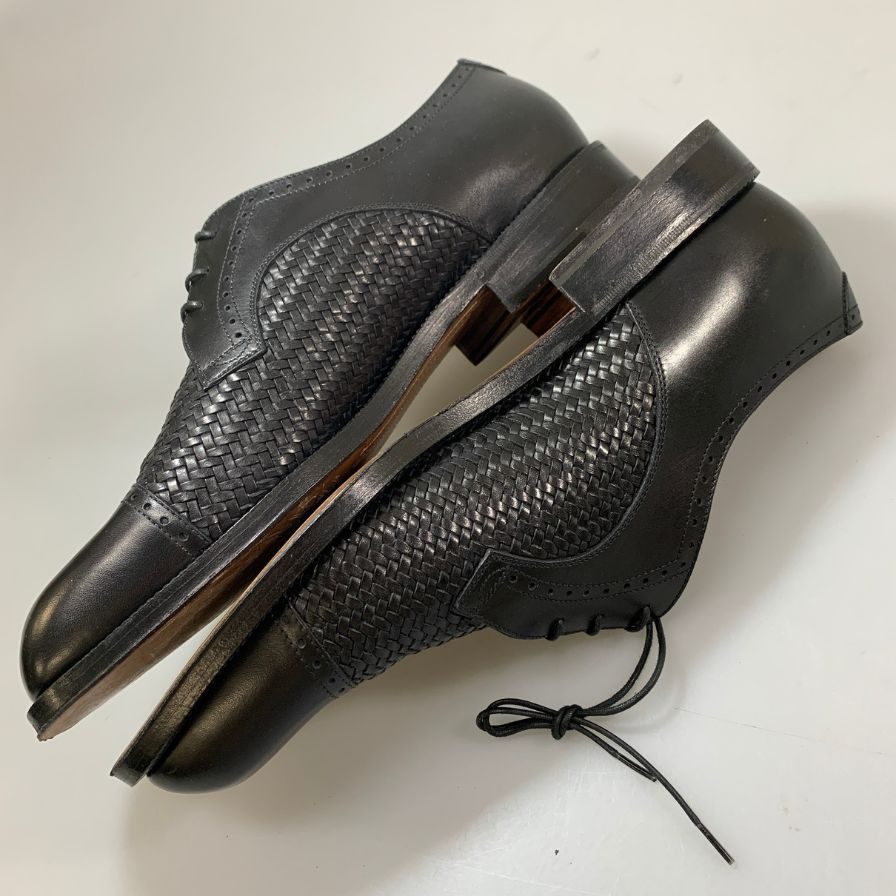 フェラガモ レザーシューズ  9861メッシュ パンチドキャップトゥ Vフロント カーフ ブラック サイズ8.5 メンズ Salvatore Ferragamo 約27.5cm【PTM5】