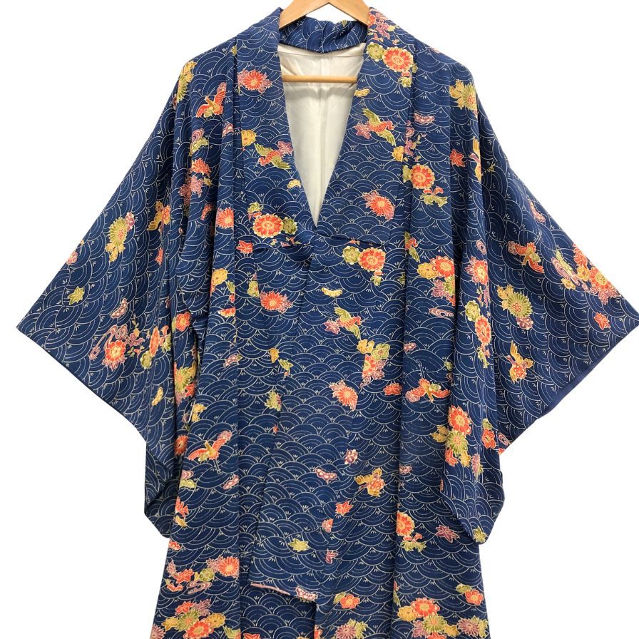 浴衣 青海波文様 花柄 紺青 レディース ノーブランド【AFB15】【中古】