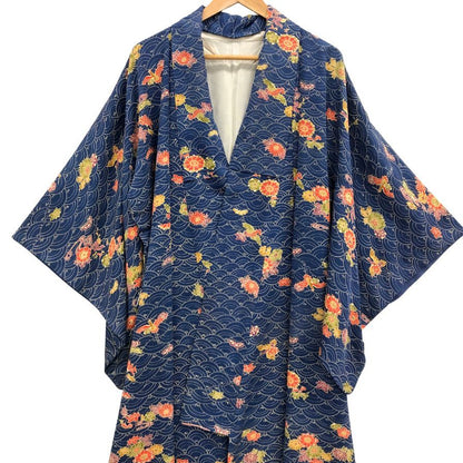 浴衣 青海波文様 花柄 紺青 レディース ノーブランド【AFB15】【中古】