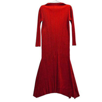 美品◆プリーツプリーズ イッセイミヤケ ロング 長袖 ワンピース PP53JH514 レッド サイズ3 レディース PLEATS PLEASE 【AFB3】