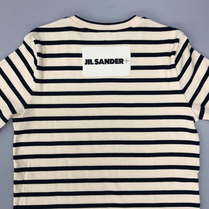 新品同様◆ジルサンダー+24SS  Tシャツ リブ コットン ジャージー ボーダー バックパッチ レディース サイズL ホワイト系 JIL SANDER+ 【AFB8】