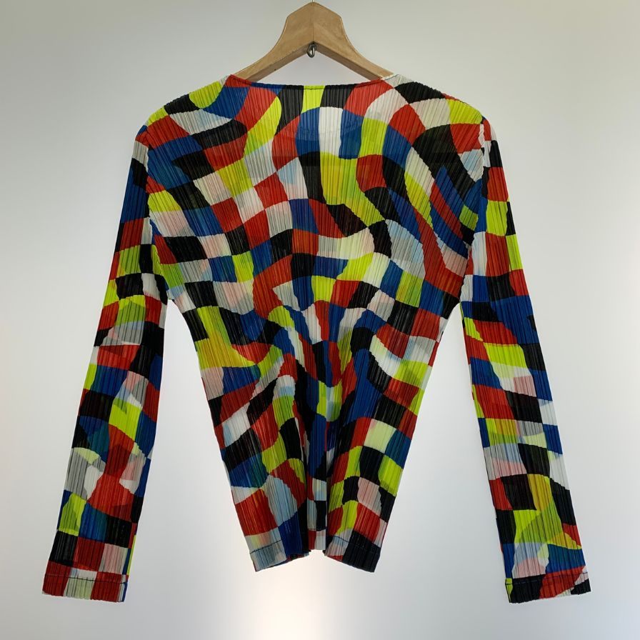 極美品◆プリーツプリーズ 丸首長袖トップス PP53JK701 DANCING SQUARE ポリエステル マルチカラー レディース サイズ3 PLEATS PLEASE ISSEY MIYAKE 【AFB1】