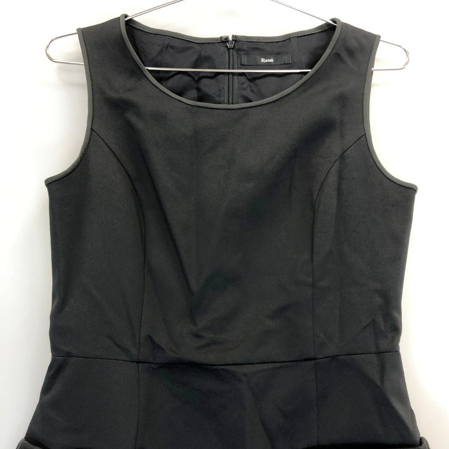 美品◆ルネ ワンピース ノースリーブ ポリエステル リボン デザイン ブラック レディース サイズ38 Rene 【AFB35】