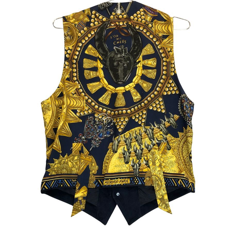 美品◆エルメス ジレ ヴィンテージ L'OR DES CHEFS ネイビー系 シルク×ピッグスキン サイズ48 メンズ HERMES 【AFB20】