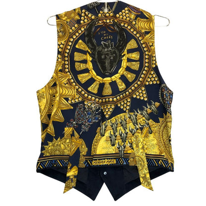 美品◆エルメス ジレ ヴィンテージ L'OR DES CHEFS ネイビー系 シルク×ピッグスキン サイズ48 メンズ HERMES 【AFB20】