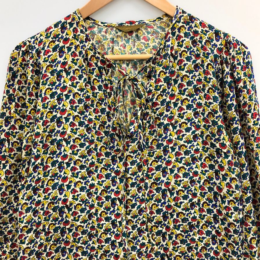 美品◆イヴ サンローラン ブラウス 総柄 シルク デザイン 長袖 カットソー マルチカラー レディース サイズ34 YVES SAINT LAURENT 【AFB6】