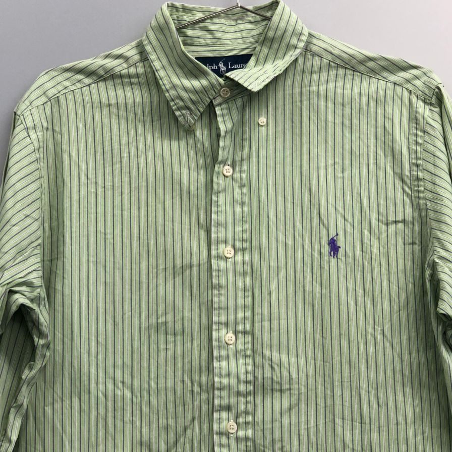 中古◆ラルフローレン ボタンダウンシャツ 90S ストライプ グリーン×パープル メンズ サイズM Ralph Lauren 【AFB29】