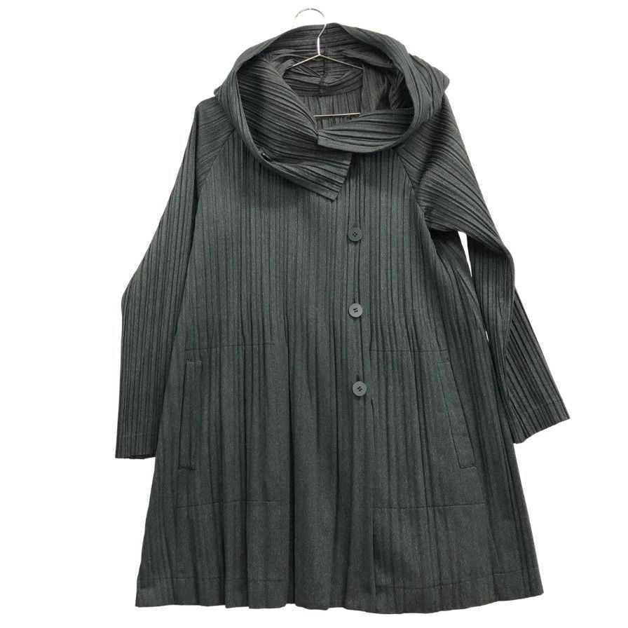 美品◆プリーツプリーズ イッセイミヤケ フード ロング コート PP33-JA671 グレー サイズ4 PLEATS PLEASE 【AFB43】