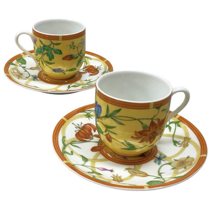 エルメス シエスタ デミタス カップ&ソーサー 花柄 イエロー系 総柄 2客セット HERMES【AFI28】【中古】