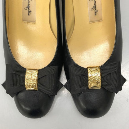 銀座かねまつ パンプス ヒール レザー リボン デザイン ブラック ゴールド レディース サイズ23 Ginza Kanematsu 約23.0cm【AFC45】