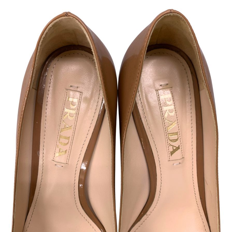 プラダ パンプス エナメル レザー チャンキ―ヒール バイカラー ベージュ系 レディース サイズ36.5 PRADA 約22.5cm【AFC34】