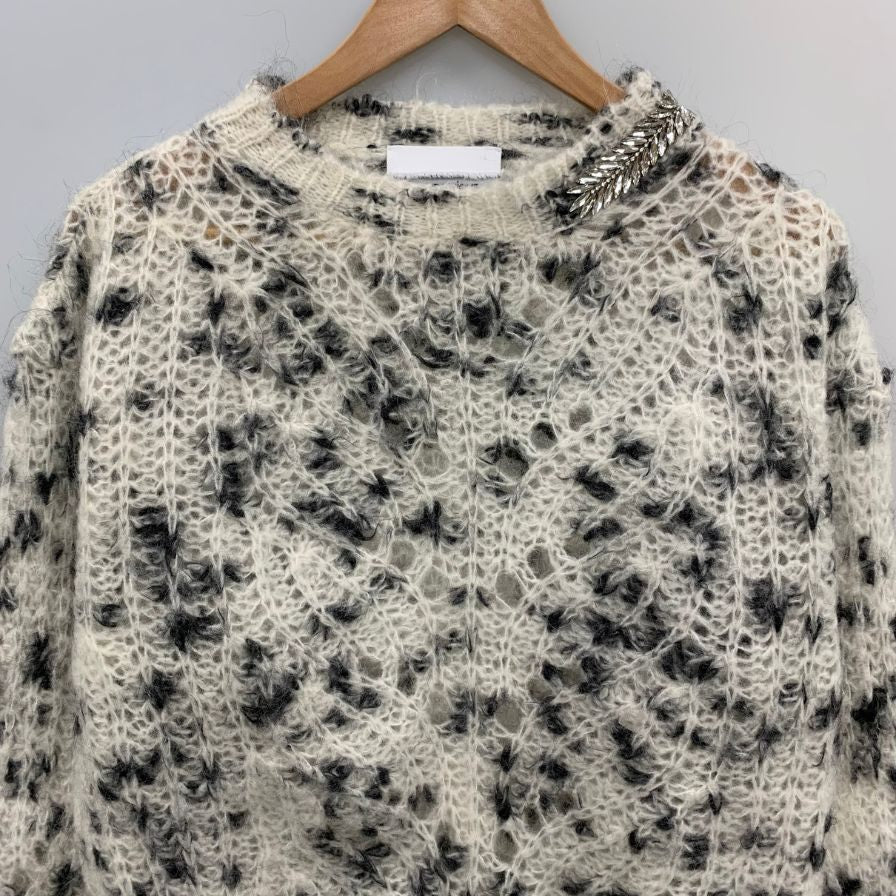 極美品◆ブランド ユニーク セーター モヘア混 襟元ビジューあしらい ハンドメイド イン イタリー レディース サイズ2 ホワイト系 BRAND UNIQUE 【AFB26】
