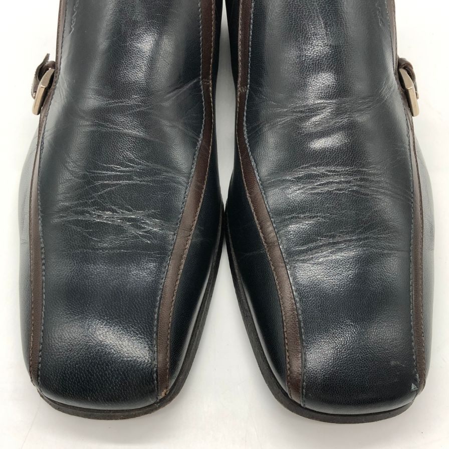 プラダ レザーシューズ シングル モンク サイドゴア バイカラー ネイビー ブラウン サイズ6.5 PRADA 約25.5cm【PTM3】