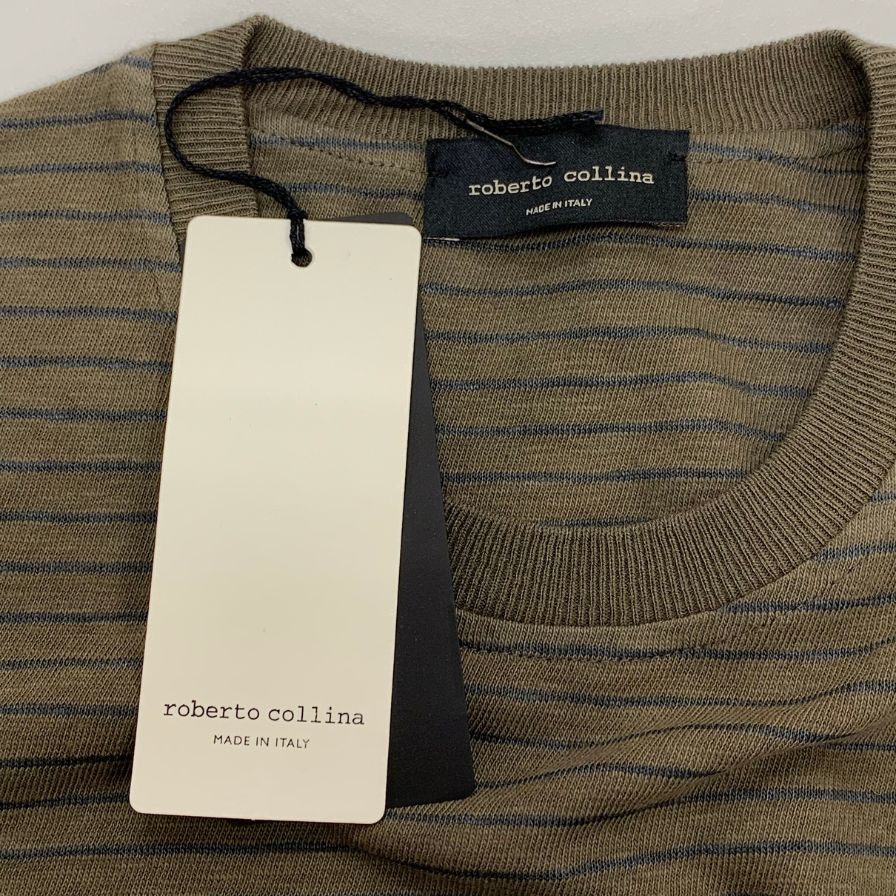 新品同様◆ロベルトコリーナ Tシャツ ロングスリーブ ボーダー リネン混 コットン カーキ サイズ48 メンズ roberto collina 【AFB41】