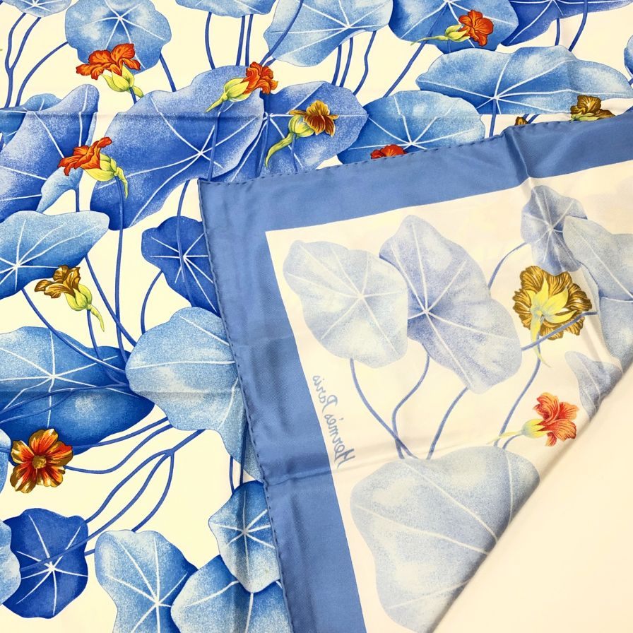 エルメス カレ90 Capucines Blue 金蓮花 スカーフ ブルー HERMES【AFI27】