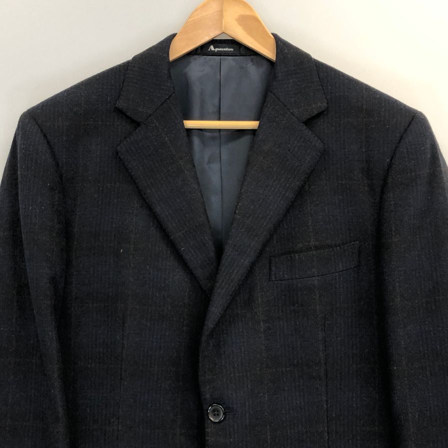美品◆アクアスキュータム テーラードジャケット カシミア 100% チェック ネイビー メンズ サイズ96 AB5 Aquascutum 【AFB2】
