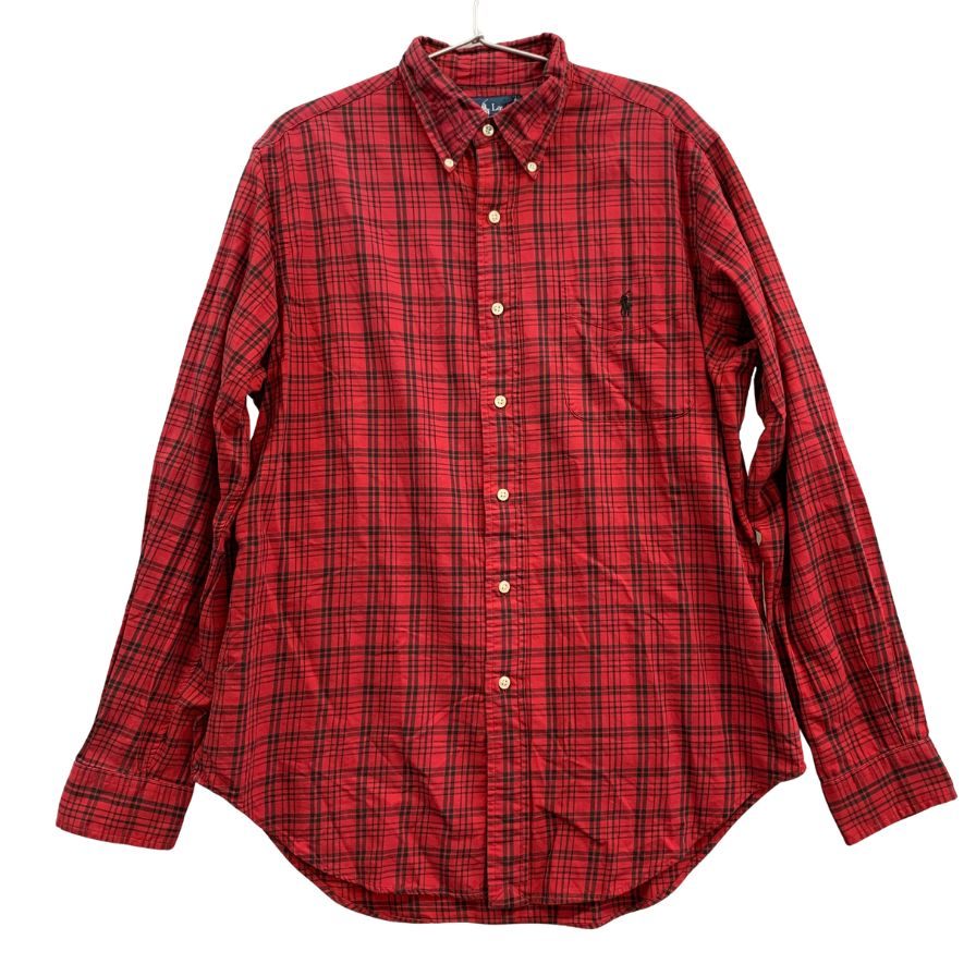 美品◆ラルフローレン ボタンダウンシャツ 90S オールド チェック レッド メンズ サイズM Ralph Lauren 【AFB7】