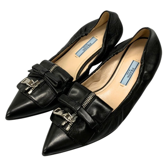 プラダ バレエシューズ フラットシューズ リボン＆チャックあしらい レディース サイズ36 ブラック PRADA 約22.5cm【AFC33】
