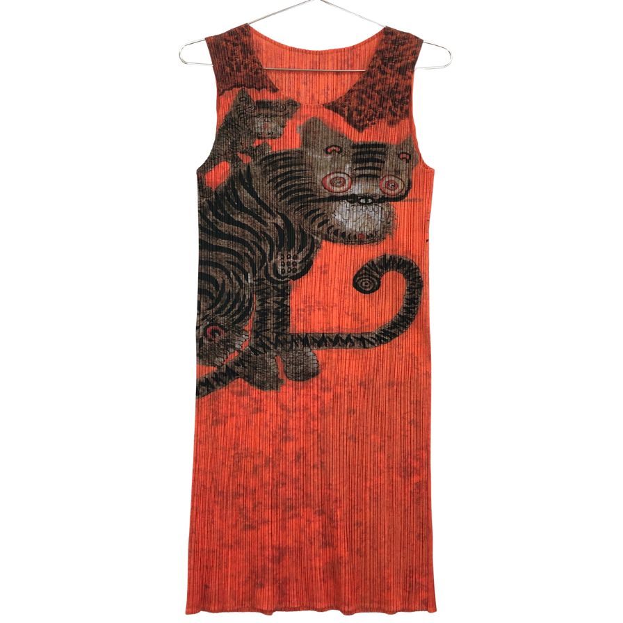 美品◆プリーツプリーズ イッセイミヤケ ノースリーブワンピース Tiger Cat Korean Fork Art Minwa Dress レディース サイズ3 PP83-JH719 PLEATS PLEASE ISSEY MIYAKE 【AFB10】