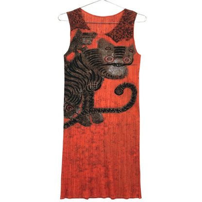 美品◆プリーツプリーズ イッセイミヤケ ノースリーブワンピース Tiger Cat Korean Fork Art Minwa Dress レディース サイズ3 PP83-JH719 PLEATS PLEASE ISSEY MIYAKE 【AFB10】